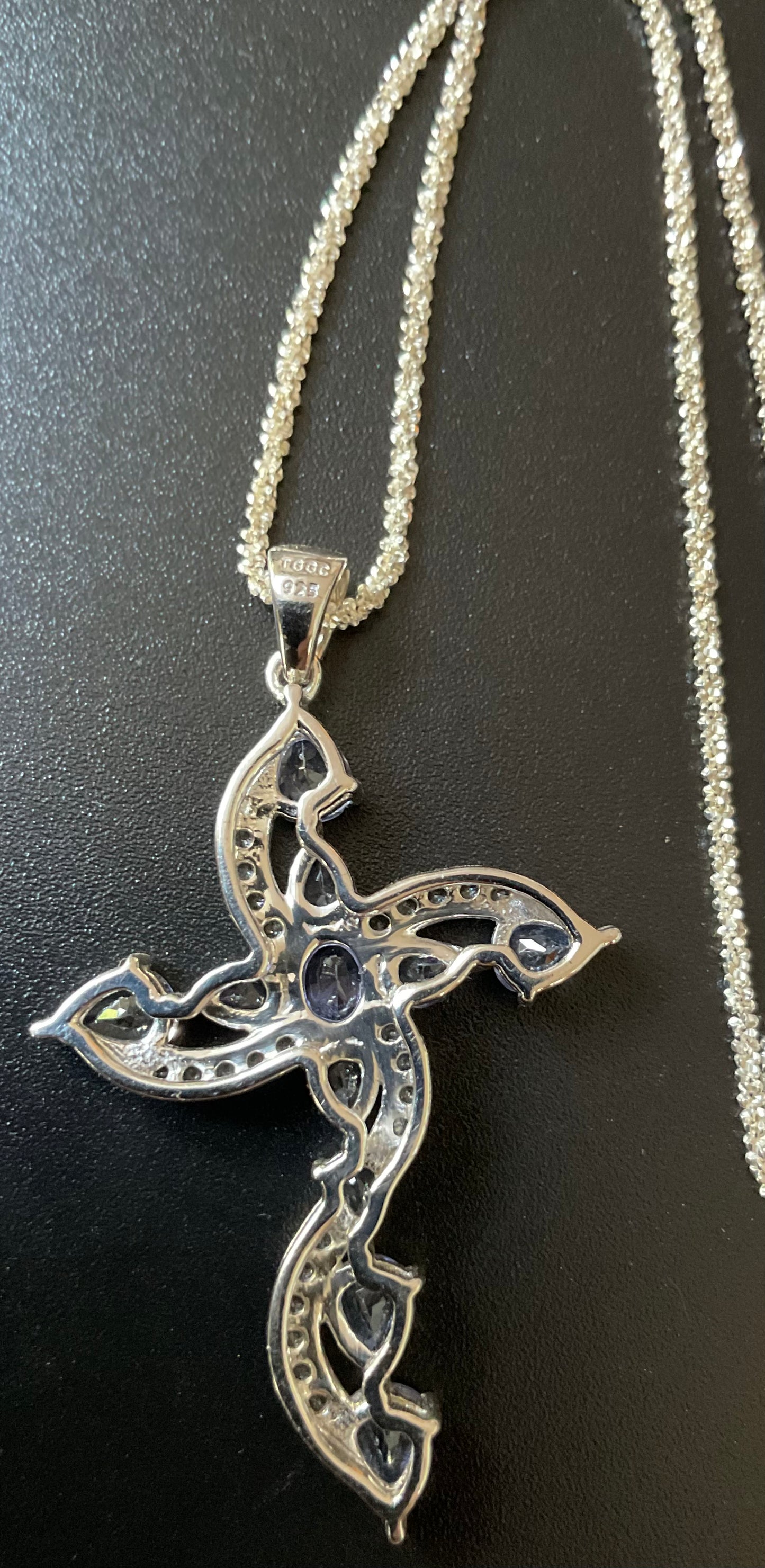 925 Tanzanite and Zircon Cross pendant on 20” Italy 925 sparkle chain