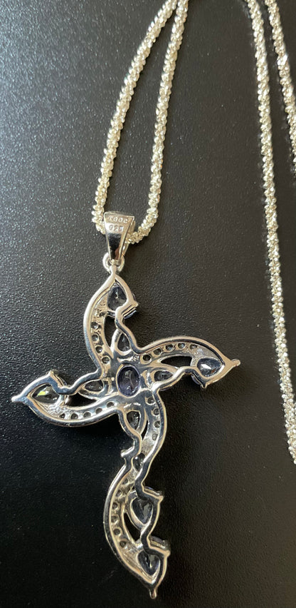 925 Tanzanite and Zircon Cross pendant on 20” Italy 925 sparkle chain