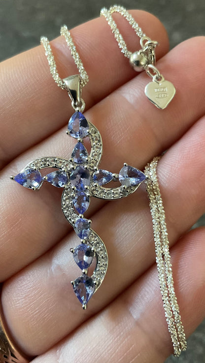 925 Tanzanite and Zircon Cross pendant on 20” Italy 925 sparkle chain