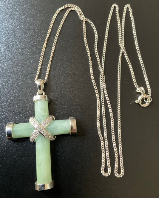 925 Jade and Diamond Cross pendant on 925 18” sterling silver fine chain