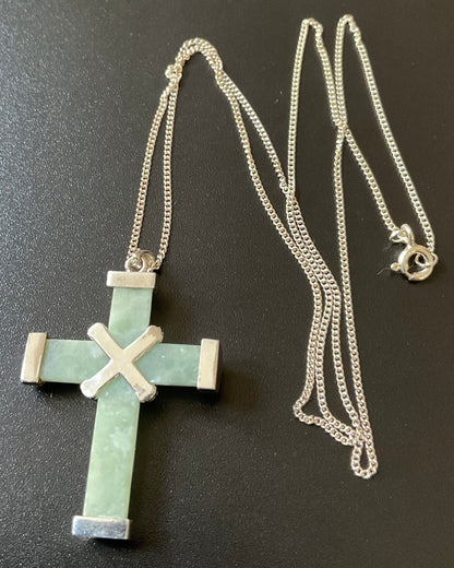 925 Jade and Diamond Cross pendant on 925 18” sterling silver fine chain