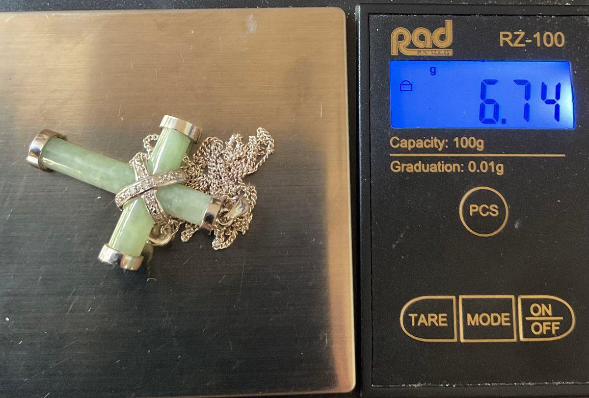 925 Jade and Diamond Cross pendant on 925 18” sterling silver fine chain