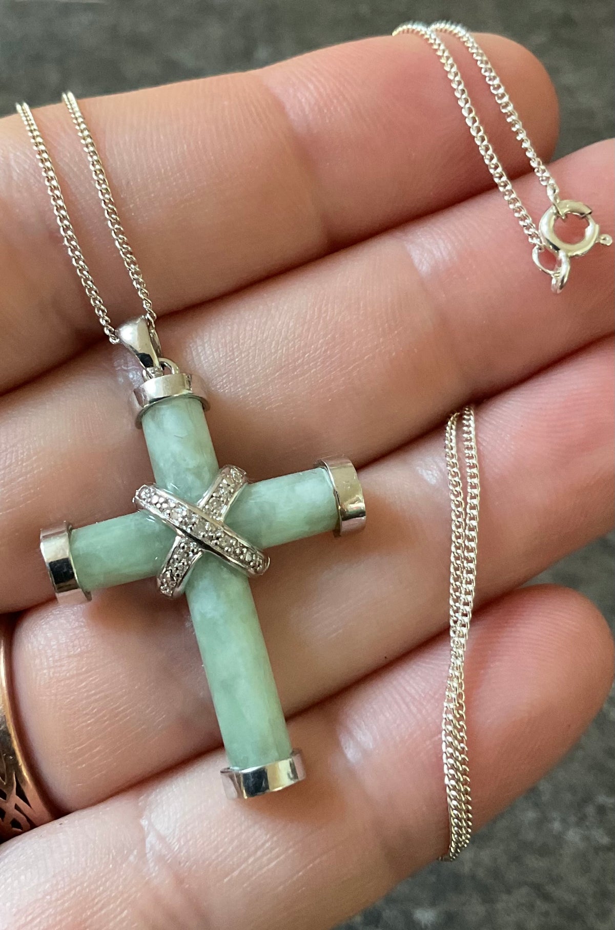 925 Jade and Diamond Cross pendant on 925 18” sterling silver fine chain