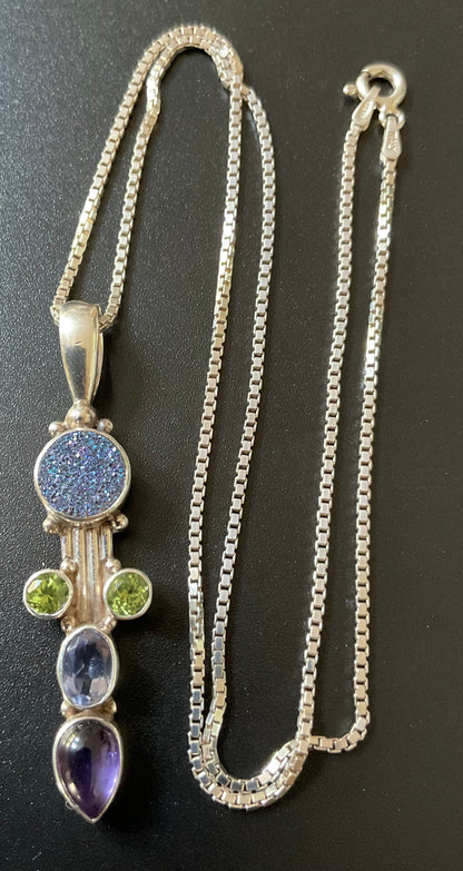 925 Sajen pendant on 18” 925 box chain Amethyst Peridot Blue Druzy and purple stone