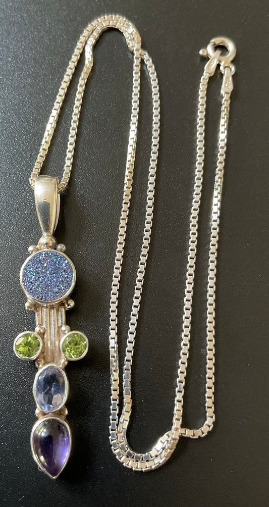 925 Sajen pendant on 18” 925 box chain Amethyst Peridot Blue Druzy and purple stone