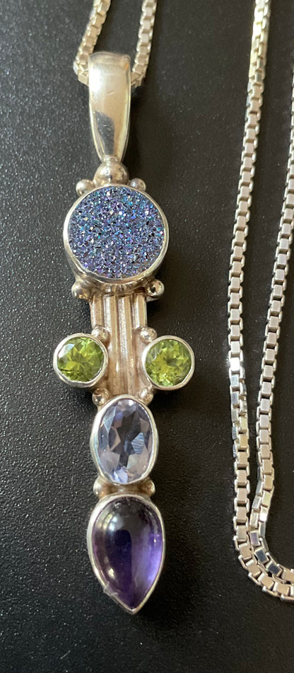 925 Sajen pendant on 18” 925 box chain Amethyst Peridot Blue Druzy and purple stone