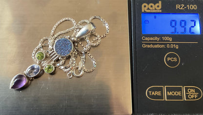 925 Sajen pendant on 18” 925 box chain Amethyst Peridot Blue Druzy and purple stone