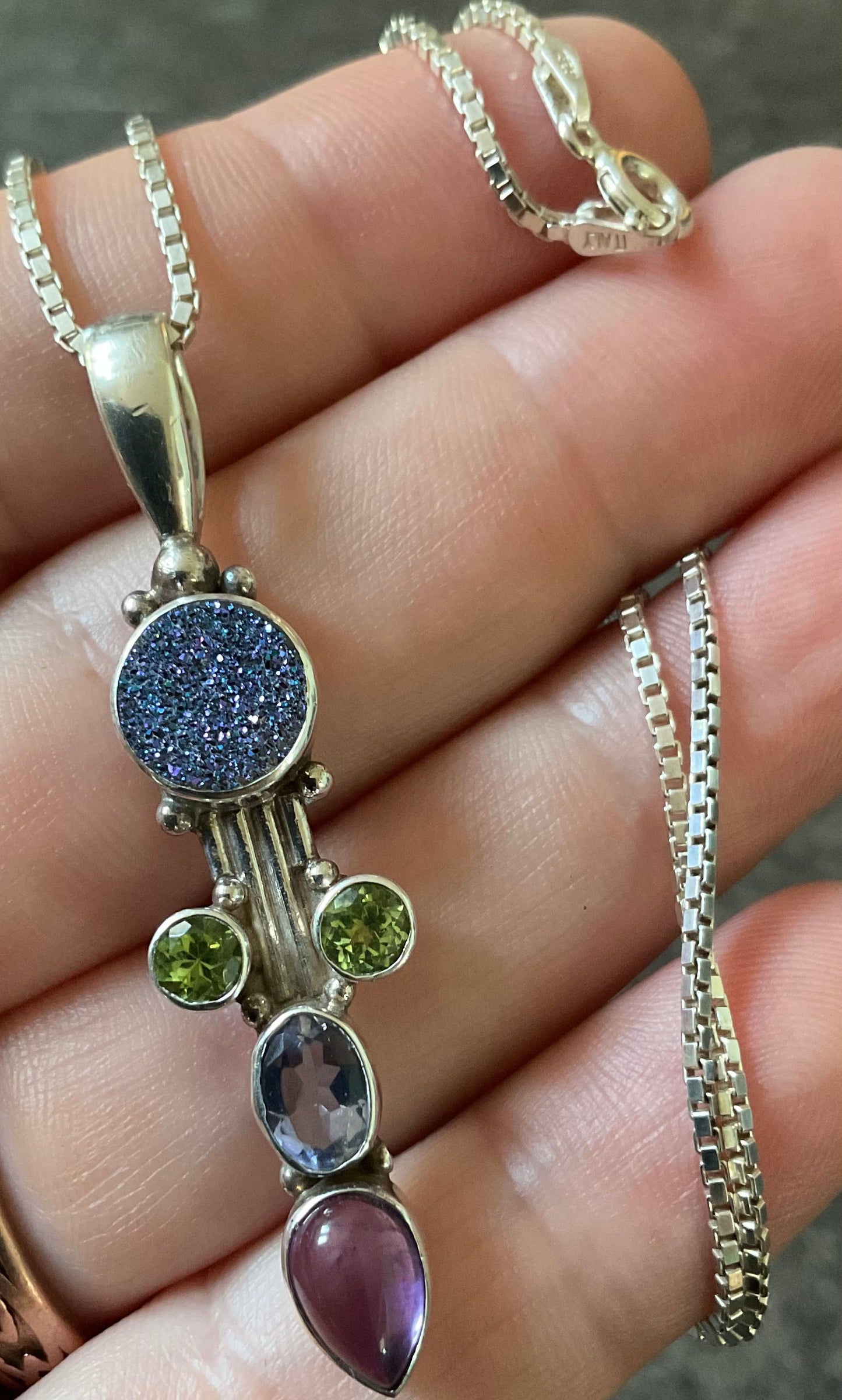 925 Sajen pendant on 18” 925 box chain Amethyst Peridot Blue Druzy and purple stone