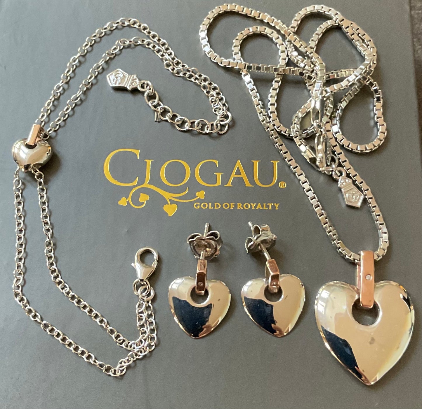 Clogau Cariad Large heart Diamond necklace £140 and earrings £100, double strand heart bracelet £90