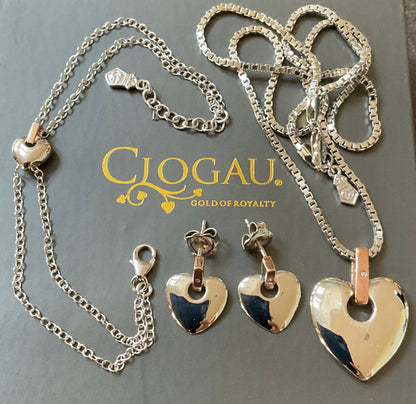 Clogau Cariad Large heart Diamond necklace £140 and earrings £100, double strand heart bracelet £90