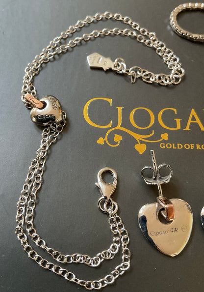 Clogau Cariad Large heart Diamond necklace £140 and earrings £100, double strand heart bracelet £90