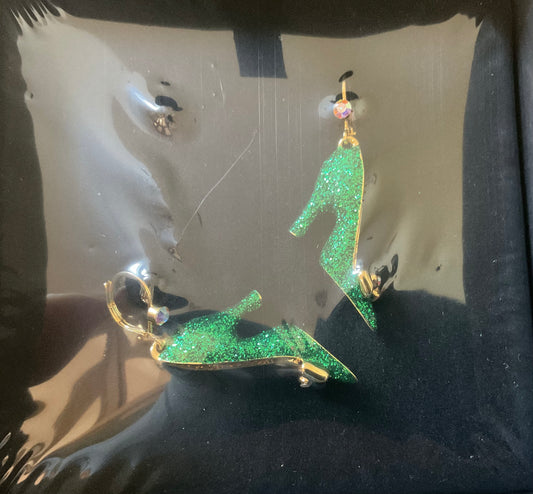 Butler and Wilson Green Glitter Stiletto shoe drop earrings sealed in box