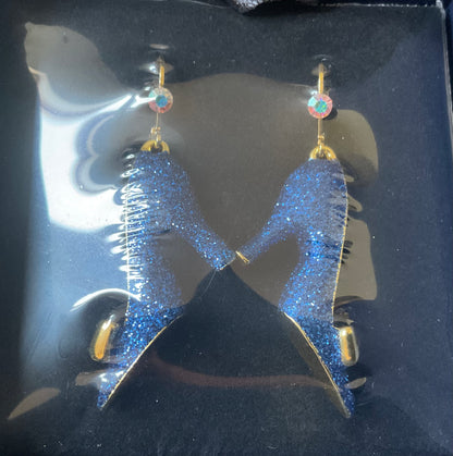 Butler and Wilson High Heel Blue glitter sparkle shoe dangle drop earrings sealed in box