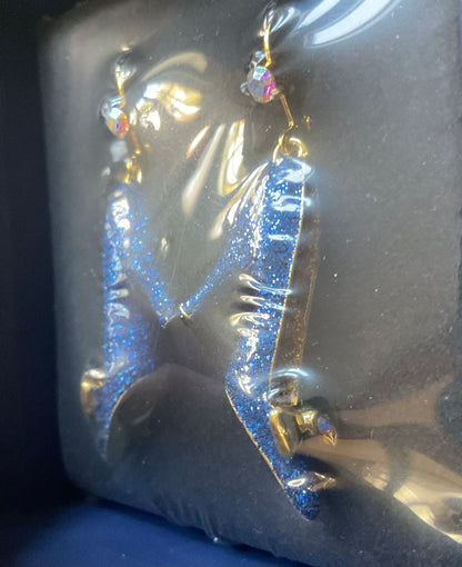 Butler and Wilson High Heel Blue glitter sparkle shoe dangle drop earrings sealed in box