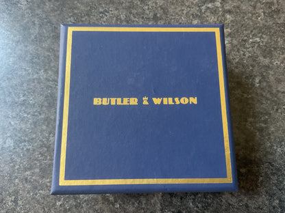 Butler and Wilson High Heel Blue glitter sparkle shoe dangle drop earrings sealed in box