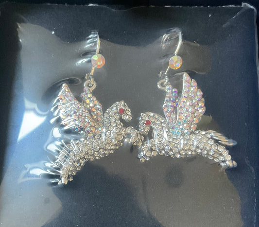 Butler and Wilson Pegasus flying horse silver tone clear crystal drop earrings sealed in original box