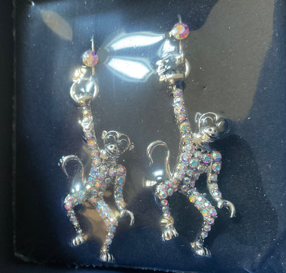 Butler and Wilson Swinging Monkeys silver tone crystal drop earrings sealed in original box