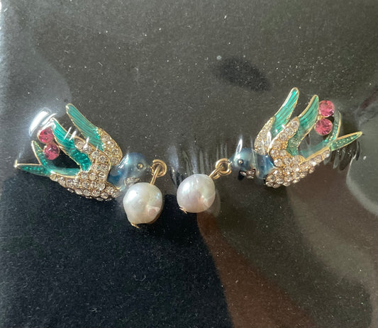 Butler and Wilson Pearl drop Swallow crystal earrings blue and green enamel pink and clear crystal sealed in original box