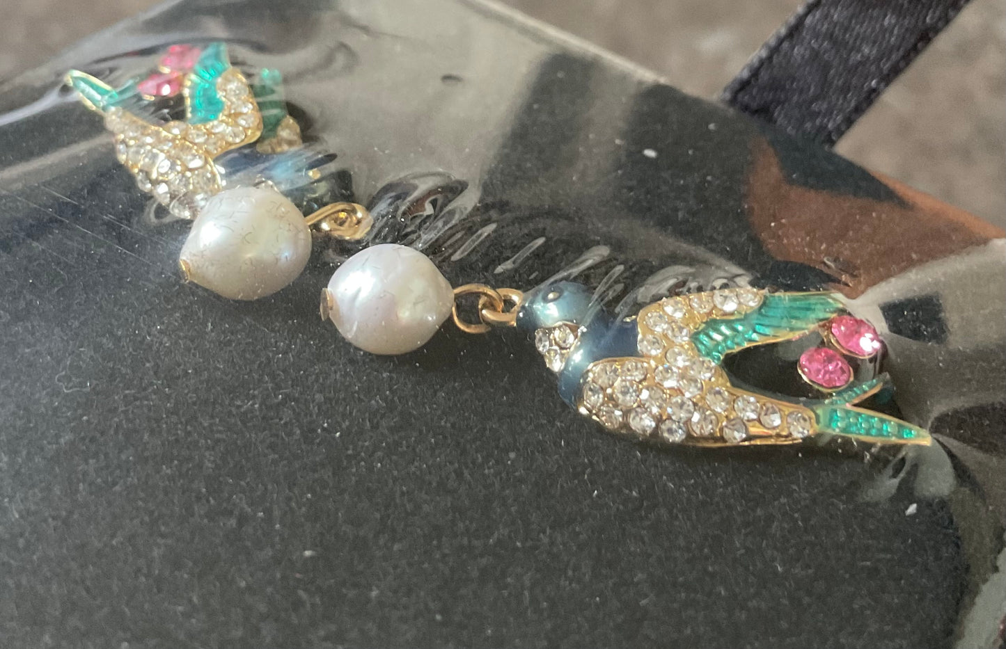 Butler and Wilson Pearl drop Swallow crystal earrings blue and green enamel pink and clear crystal sealed in original box