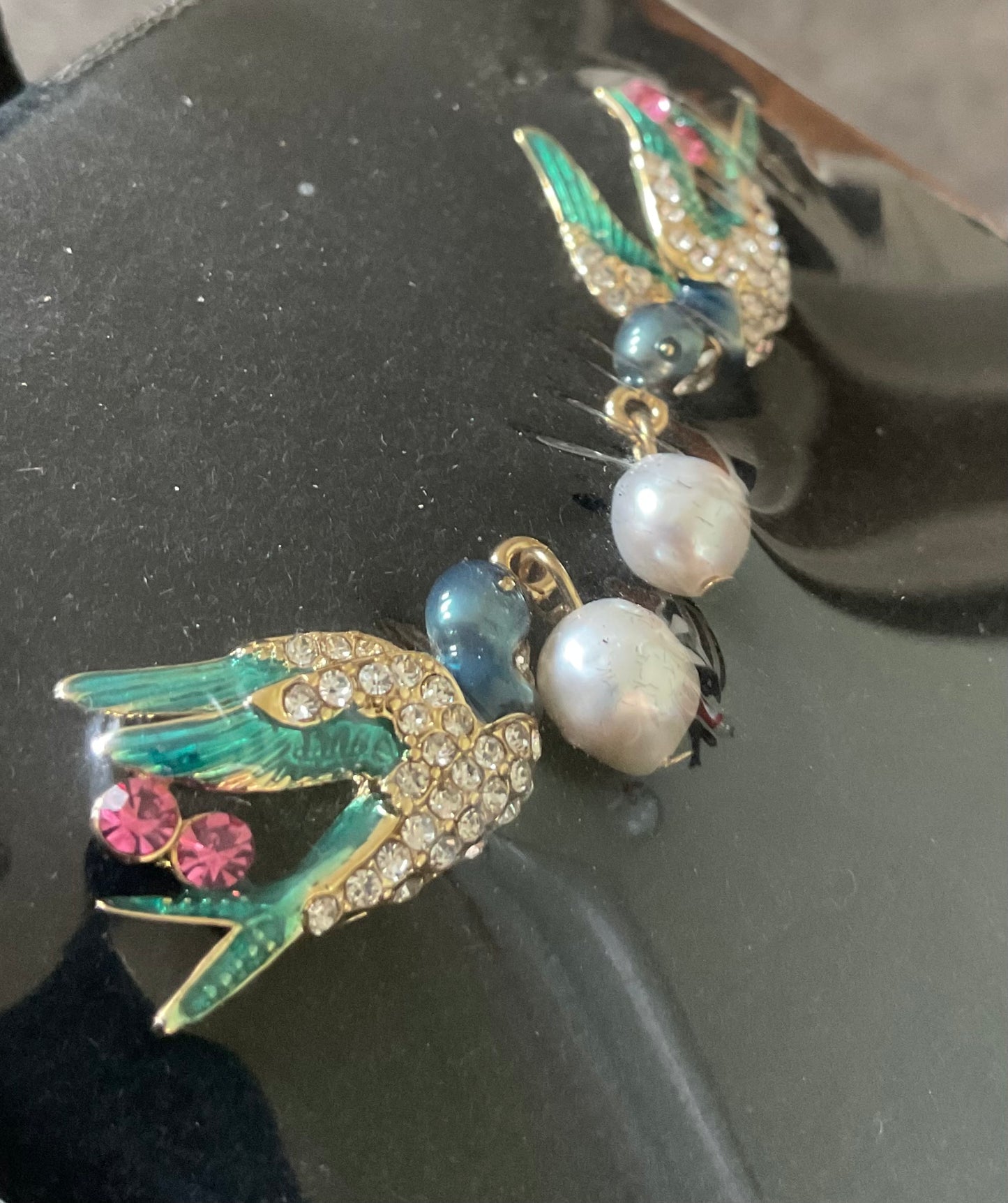 Butler and Wilson Pearl drop Swallow crystal earrings blue and green enamel pink and clear crystal sealed in original box