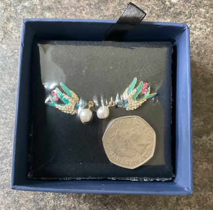 Butler and Wilson Pearl drop Swallow crystal earrings blue and green enamel pink and clear crystal sealed in original box