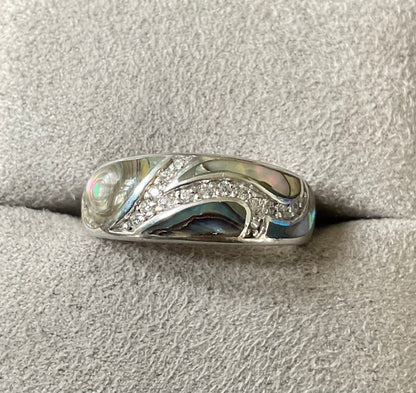 925 Paua/abalone shell domed Diamonique ring sterling silver size P QVC
