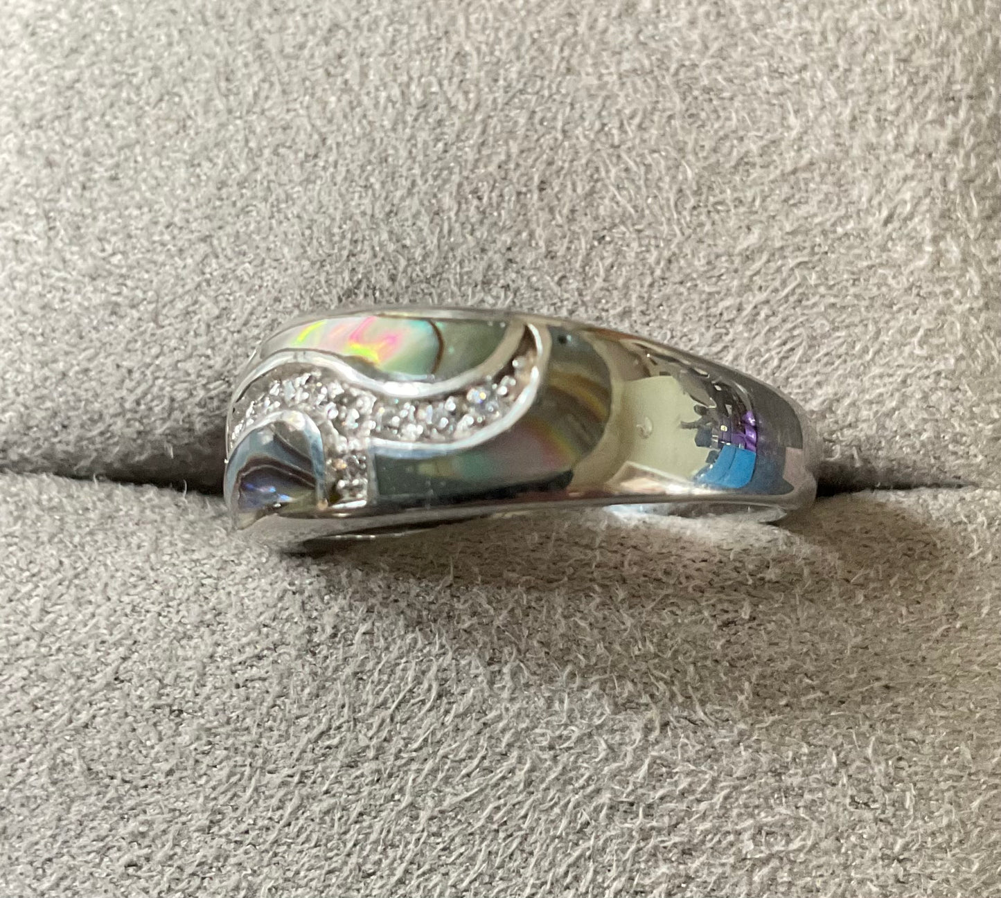 925 Paua/abalone shell domed Diamonique ring sterling silver size P QVC
