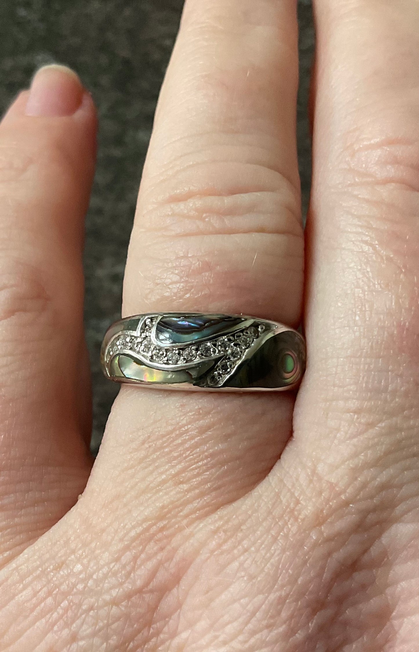 925 Paua/abalone shell domed Diamonique ring sterling silver size P QVC