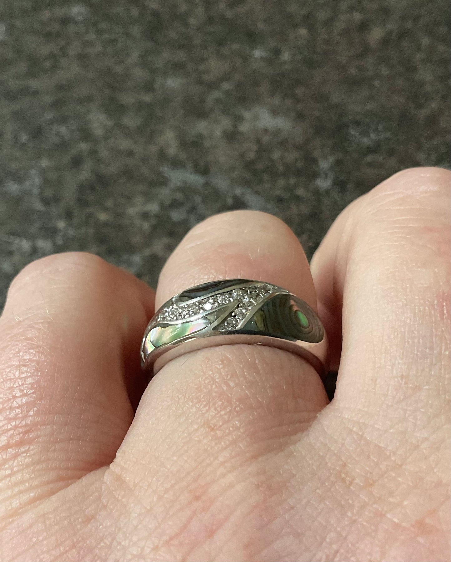 925 Paua/abalone shell domed Diamonique ring sterling silver size P QVC