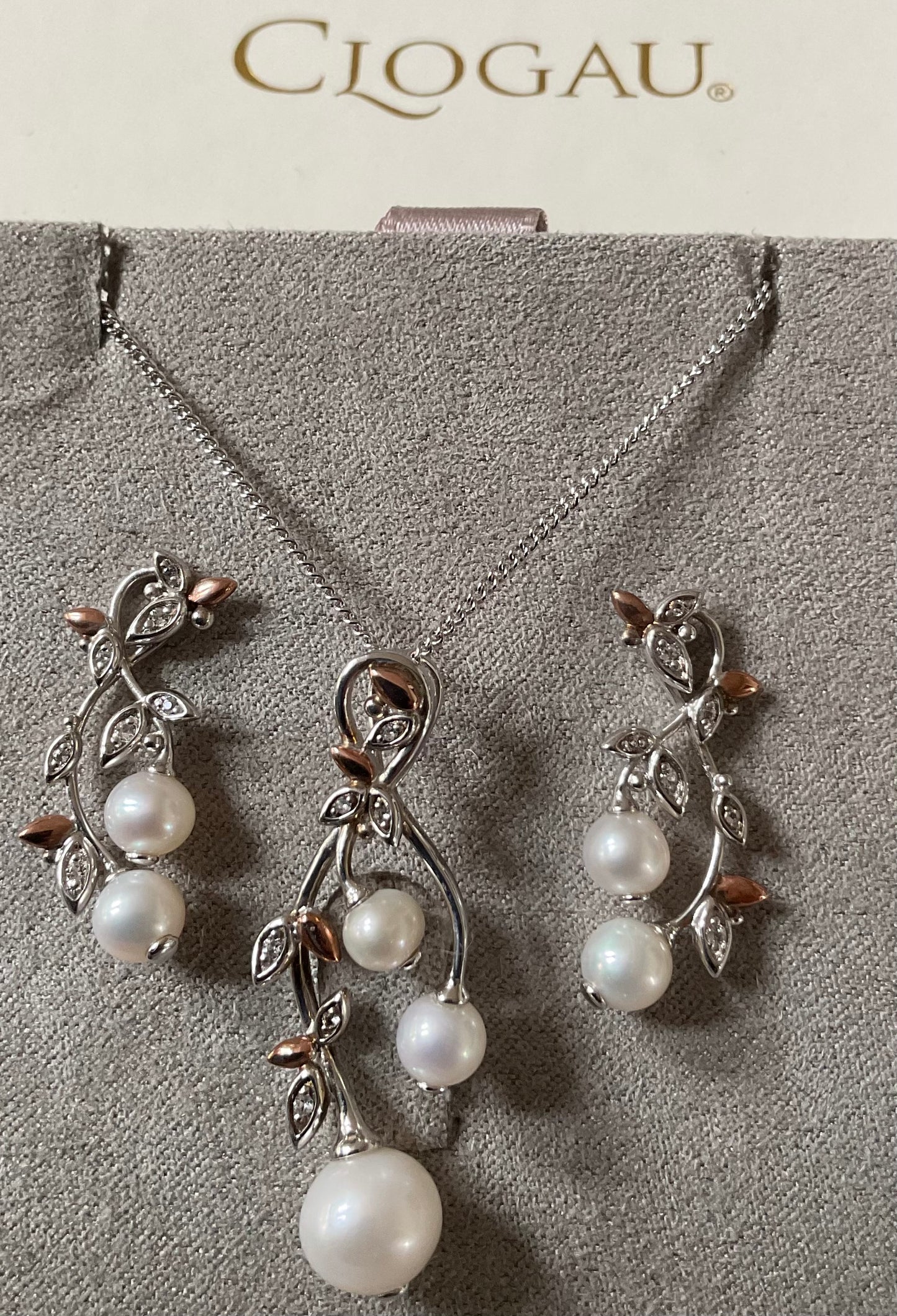 Clogau Lily of the Valley Pearl 18-22” necklace & earrings set, in silver & rose gold