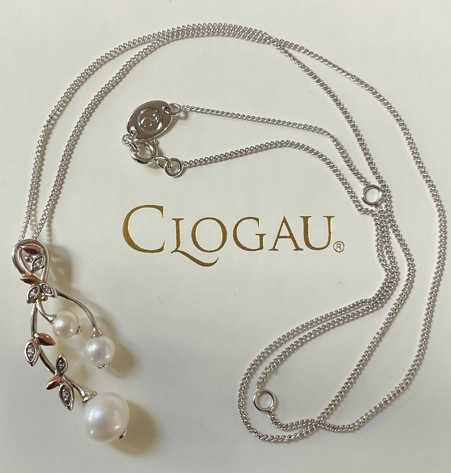 Clogau Lily of the Valley Pearl 18-22” necklace & earrings set, in silver & rose gold