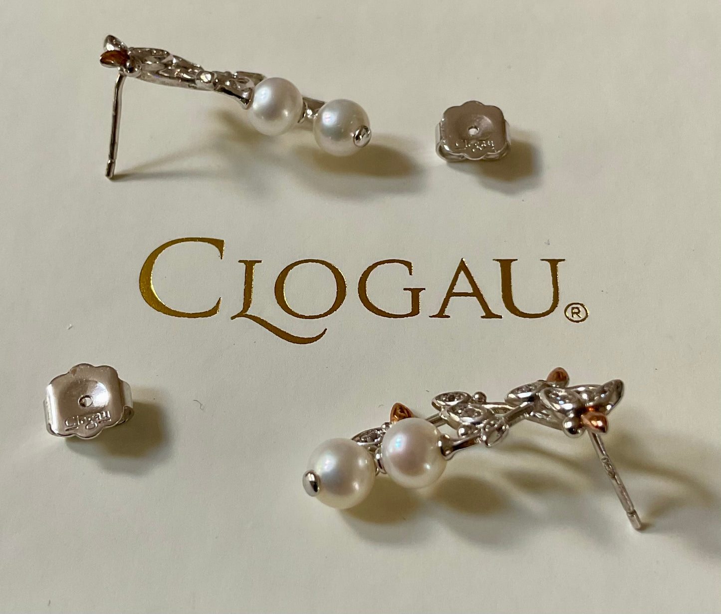 Clogau Lily of the Valley Pearl 18-22” necklace & earrings set, in silver & rose gold