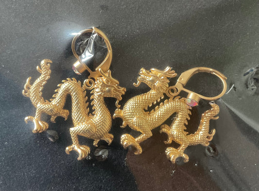 Butler and Wilson Chinese Dragon crystal drop earrings in gold tone sealed in original box