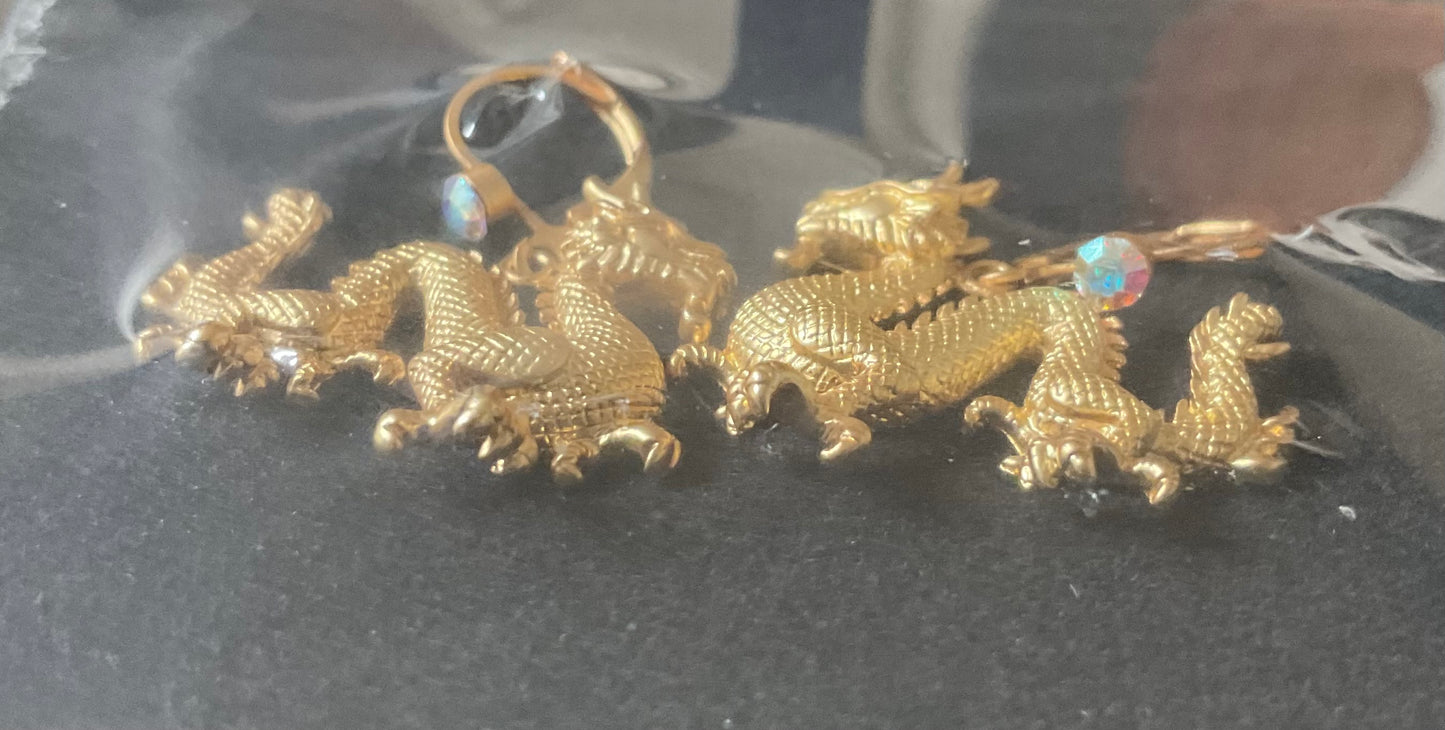 Butler and Wilson Chinese Dragon crystal drop earrings in gold tone sealed in original box