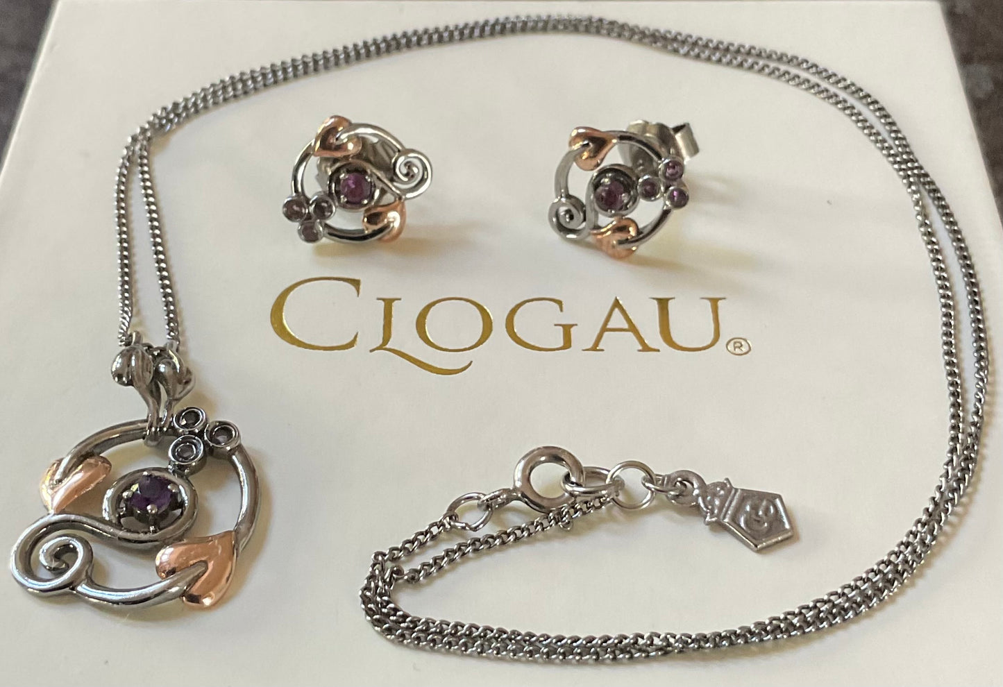 Clogau Amethyst Origin Ruthenium coated 925 Silver necklace and earrings set, in silver and rose gold