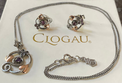 Clogau Amethyst Origin Ruthenium coated 925 Silver necklace and earrings set, in silver and rose gold
