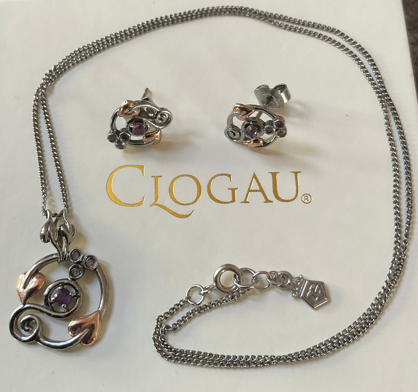 Clogau Amethyst Origin Ruthenium coated 925 Silver necklace and earrings set, in silver and rose gold