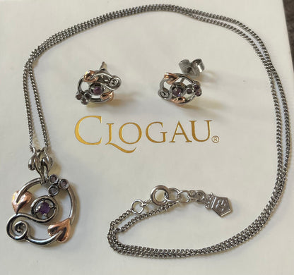 Clogau Amethyst Origin Ruthenium coated 925 Silver necklace and earrings set, in silver and rose gold