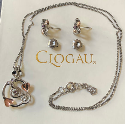 Clogau Amethyst Origin Ruthenium coated 925 Silver necklace and earrings set, in silver and rose gold