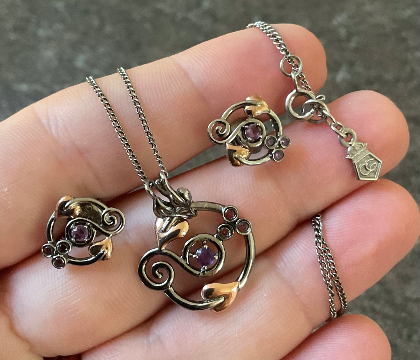 Clogau Amethyst Origin Ruthenium coated 925 Silver necklace and earrings set, in silver and rose gold