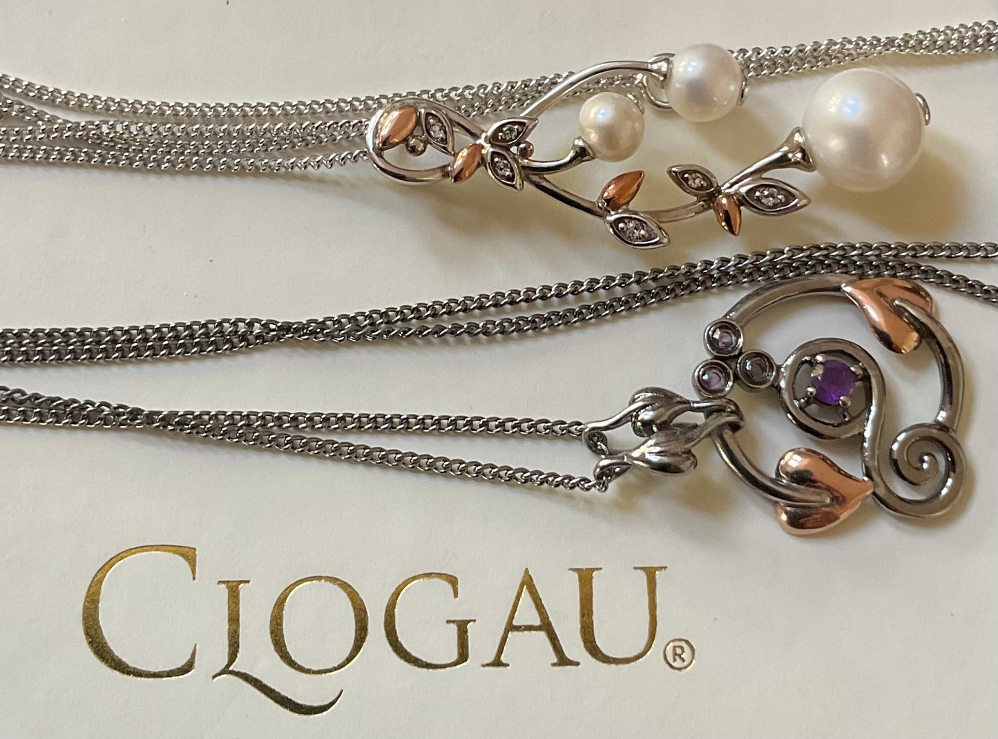 Clogau Amethyst Origin Ruthenium coated 925 Silver necklace and earrings set, in silver and rose gold