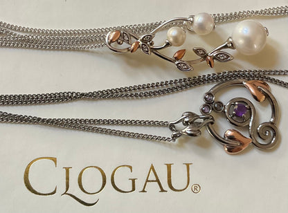 Clogau Amethyst Origin Ruthenium coated 925 Silver necklace and earrings set, in silver and rose gold