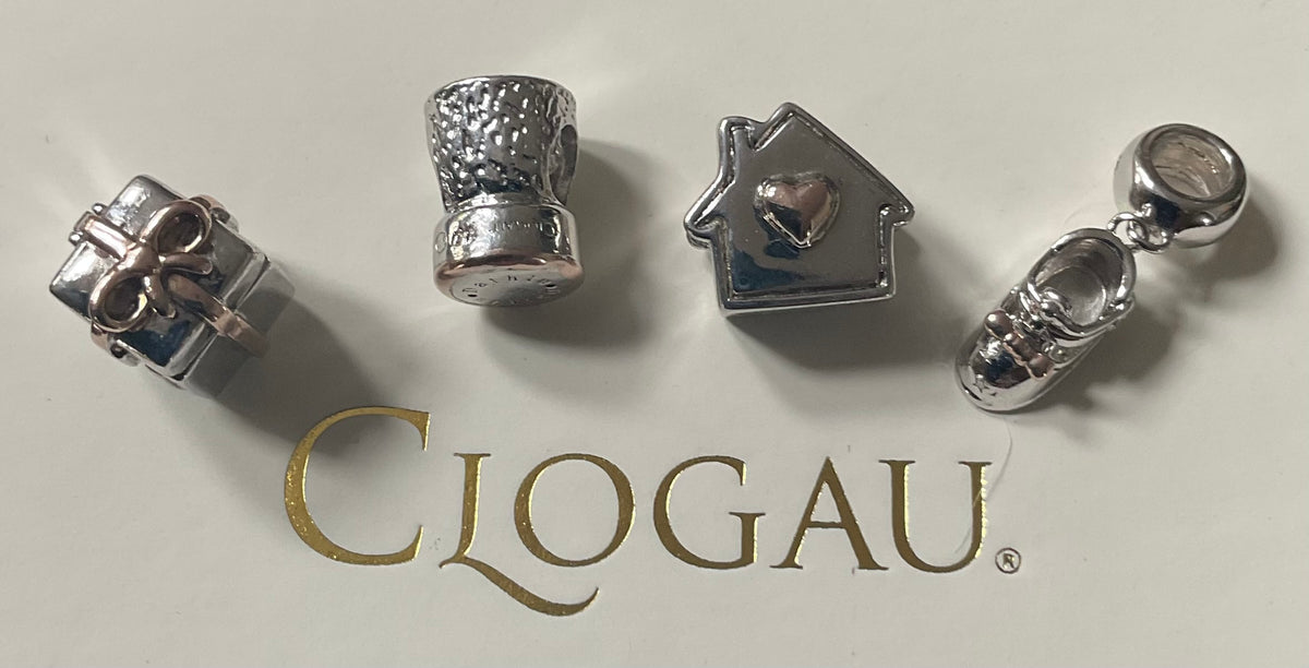 Clogau Milestone Gift/present, Champagne Cork, Baby shoe, Home is where the Heart is charms