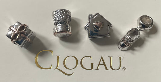 Clogau Milestone Gift/present, Champagne Cork, Baby shoe, Home is where the Heart is charms