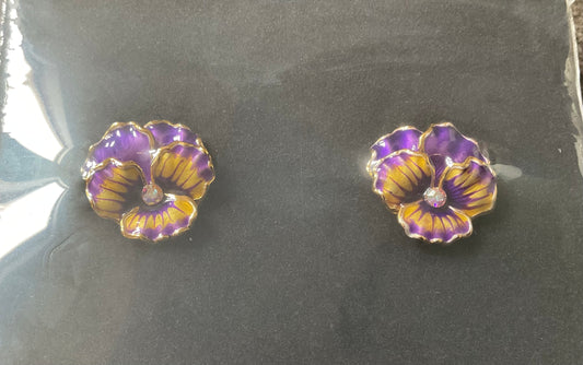 Butler and Wilson Purple and gold Pansy stud earrings sealed in original box