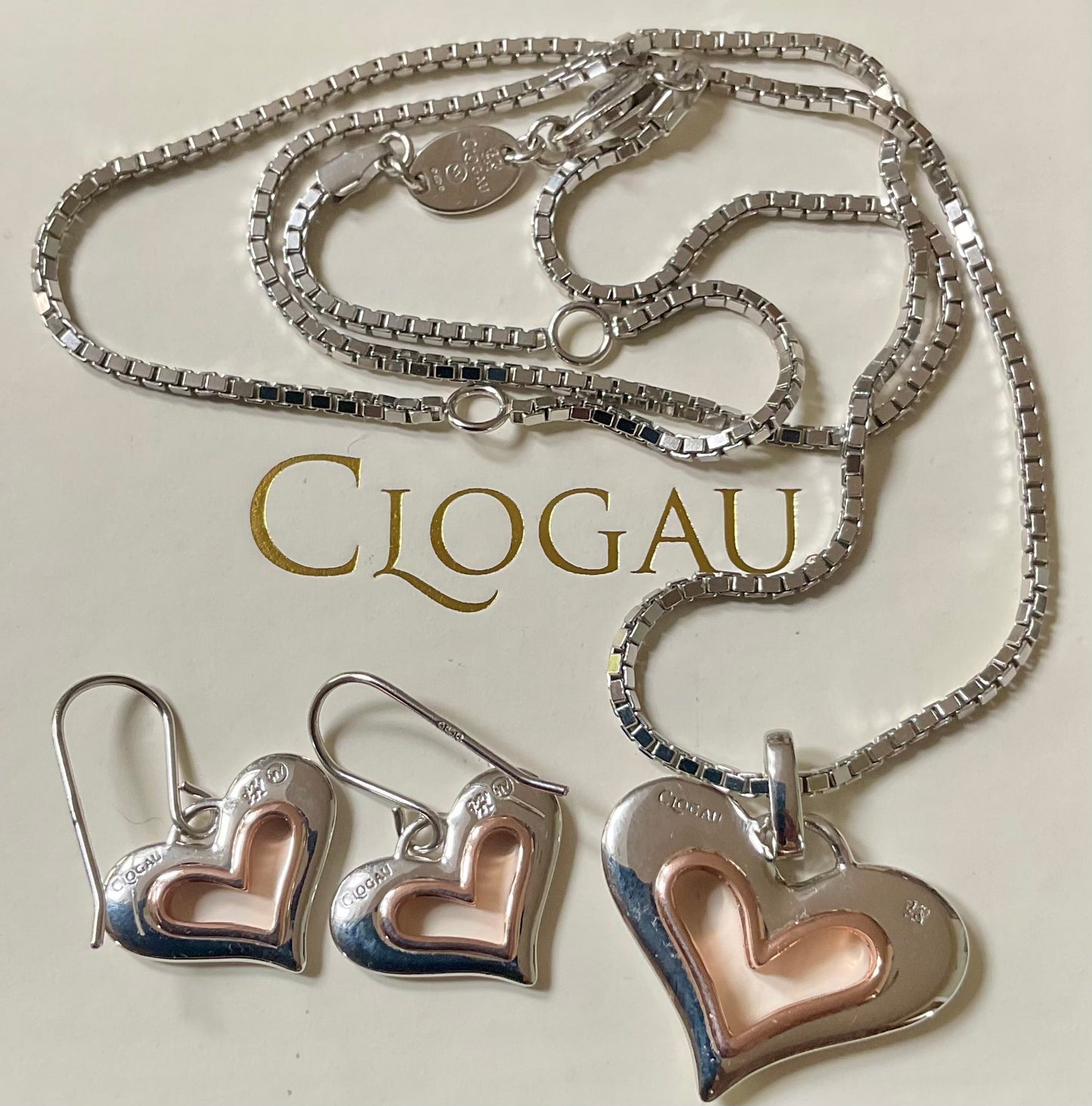 Clogau Always in my Heart necklace and earrings matching set in silver and rose gold