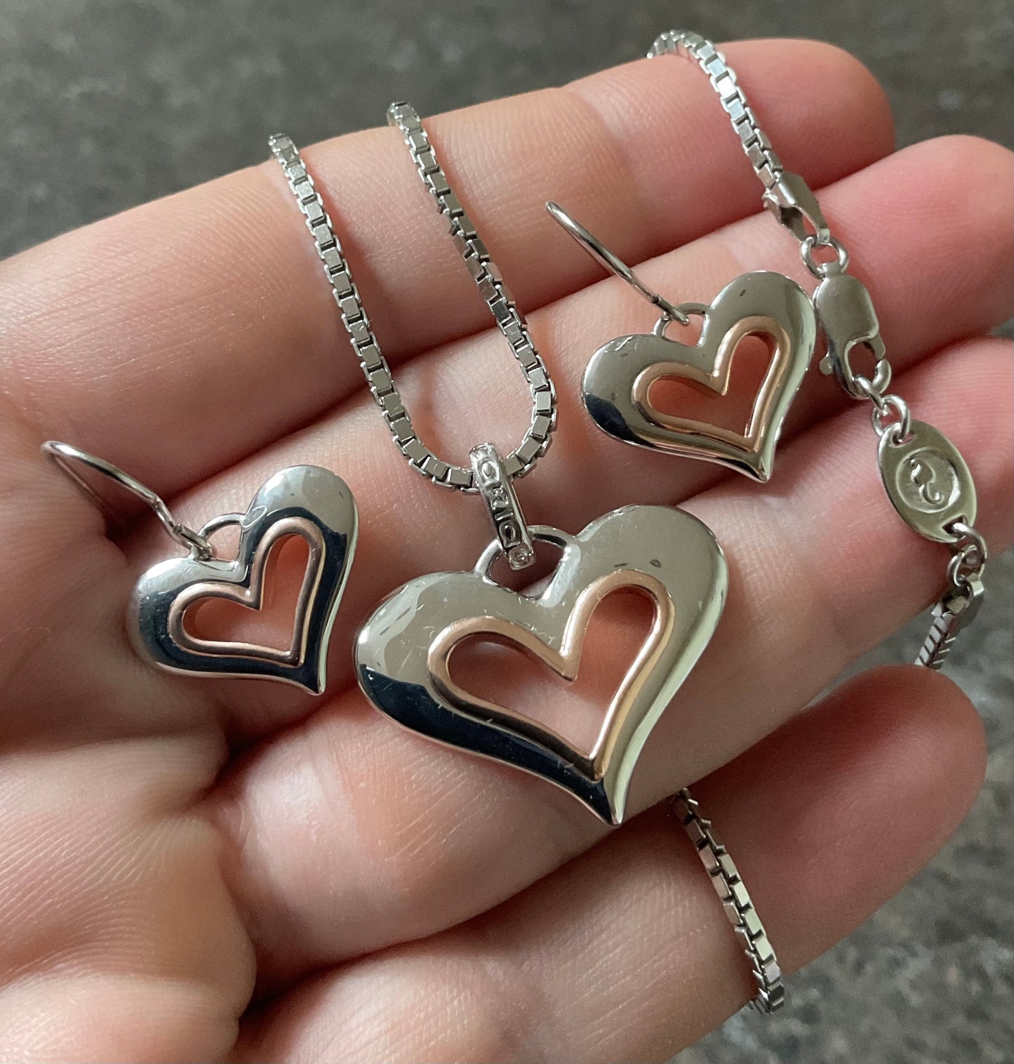 Clogau Always in my Heart necklace and earrings matching set in silver and rose gold