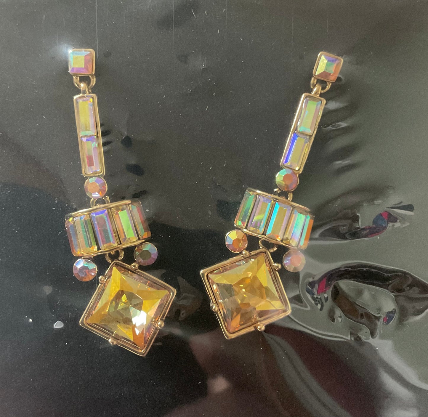 Butler and Wilson gold tone Art Deco dangle/drop earrings with aurora borealis Austrian crystals sealed in original box