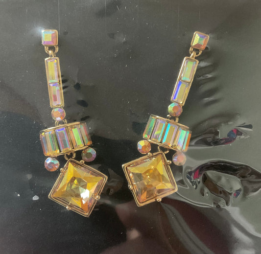 Butler and Wilson gold tone Art Deco dangle/drop earrings with aurora borealis Austrian crystals sealed in original box