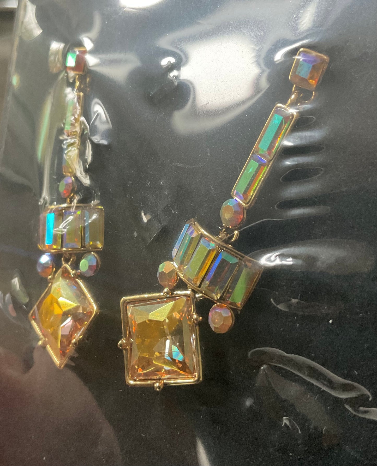 Butler and Wilson gold tone Art Deco dangle/drop earrings with aurora borealis Austrian crystals sealed in original box